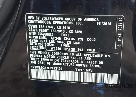 2019 Volkswagen Atlas 3.6L V6 Se W/Technology from USA, damaged, VIN 1V2WR2CA7KC572196